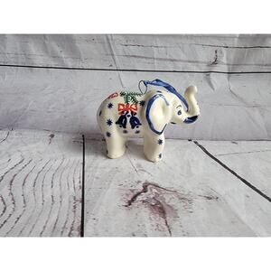 Polished Pottery hand painted Elephant Blue stars a pine tree design Ornament